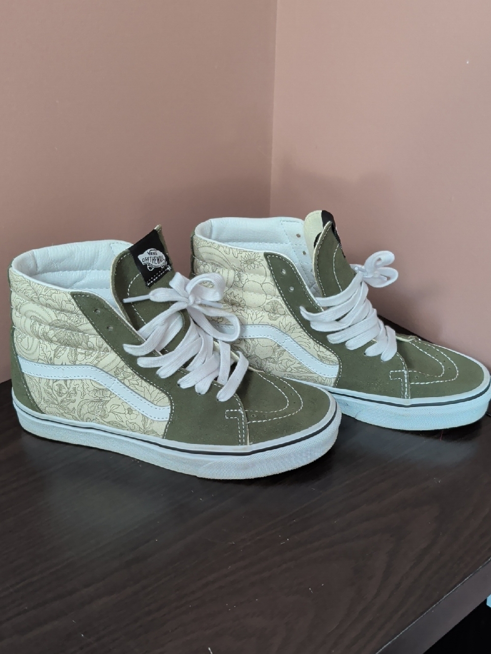 Vans Olive Green and Cream High-Top Sneakers with Floral Panels